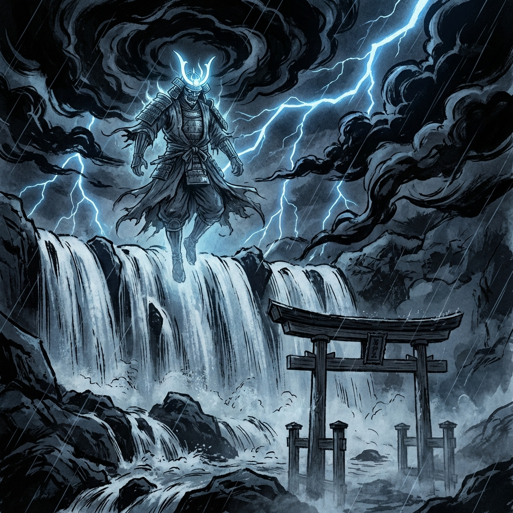 Yoshihira at the Nunobiki Falls illustration